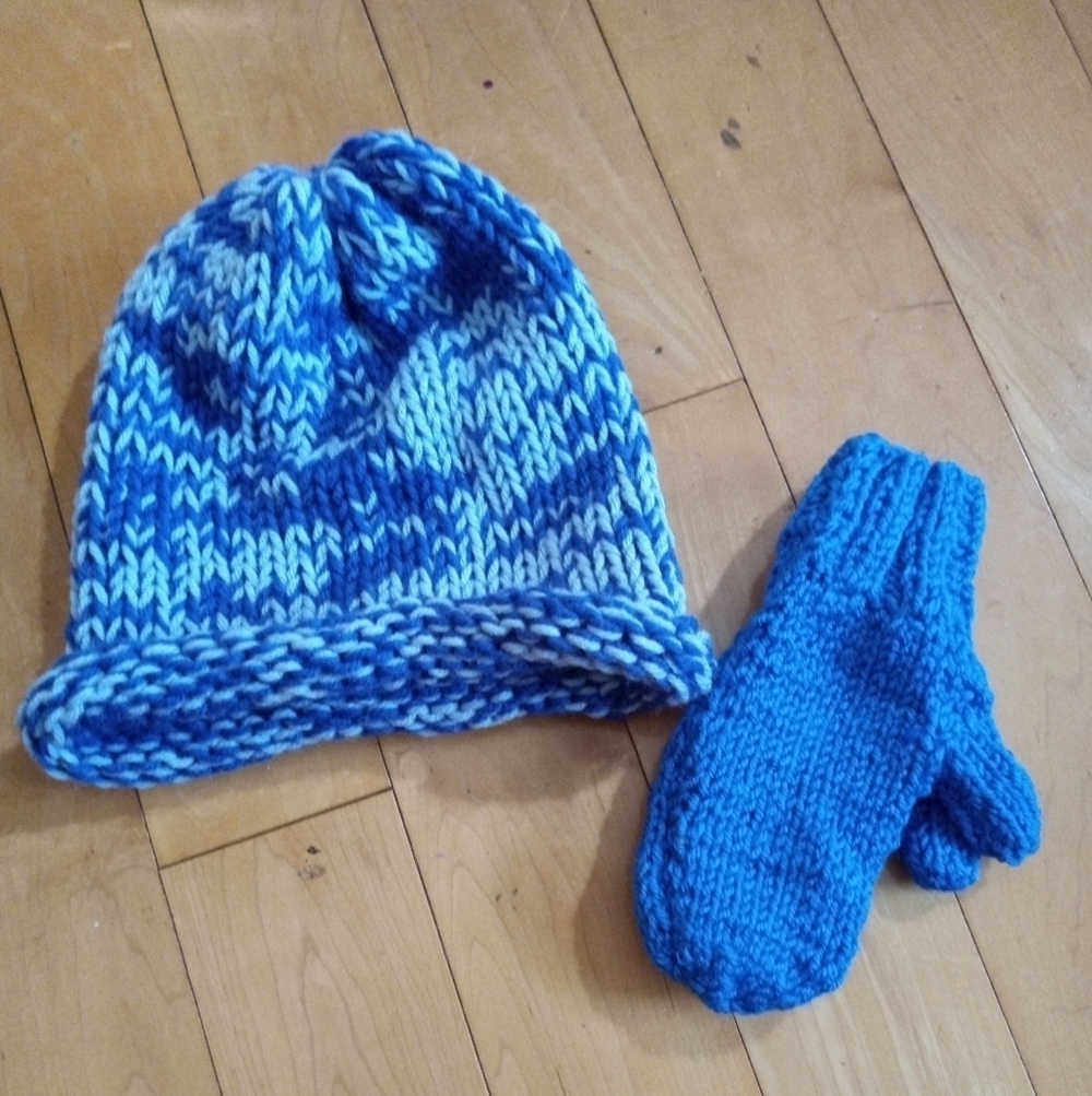 Hand made Crochet "Shades of Blue"  kids winter hat and mitten set